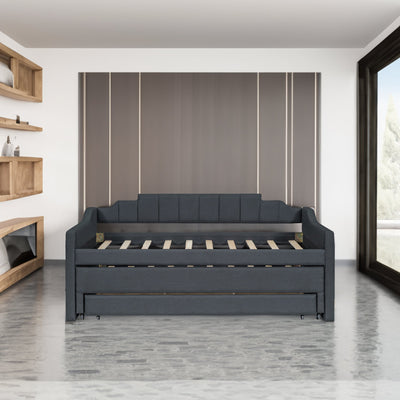 Twin Size Upholstered Daybed with Trundle and Three Drawers Grey - Korvel