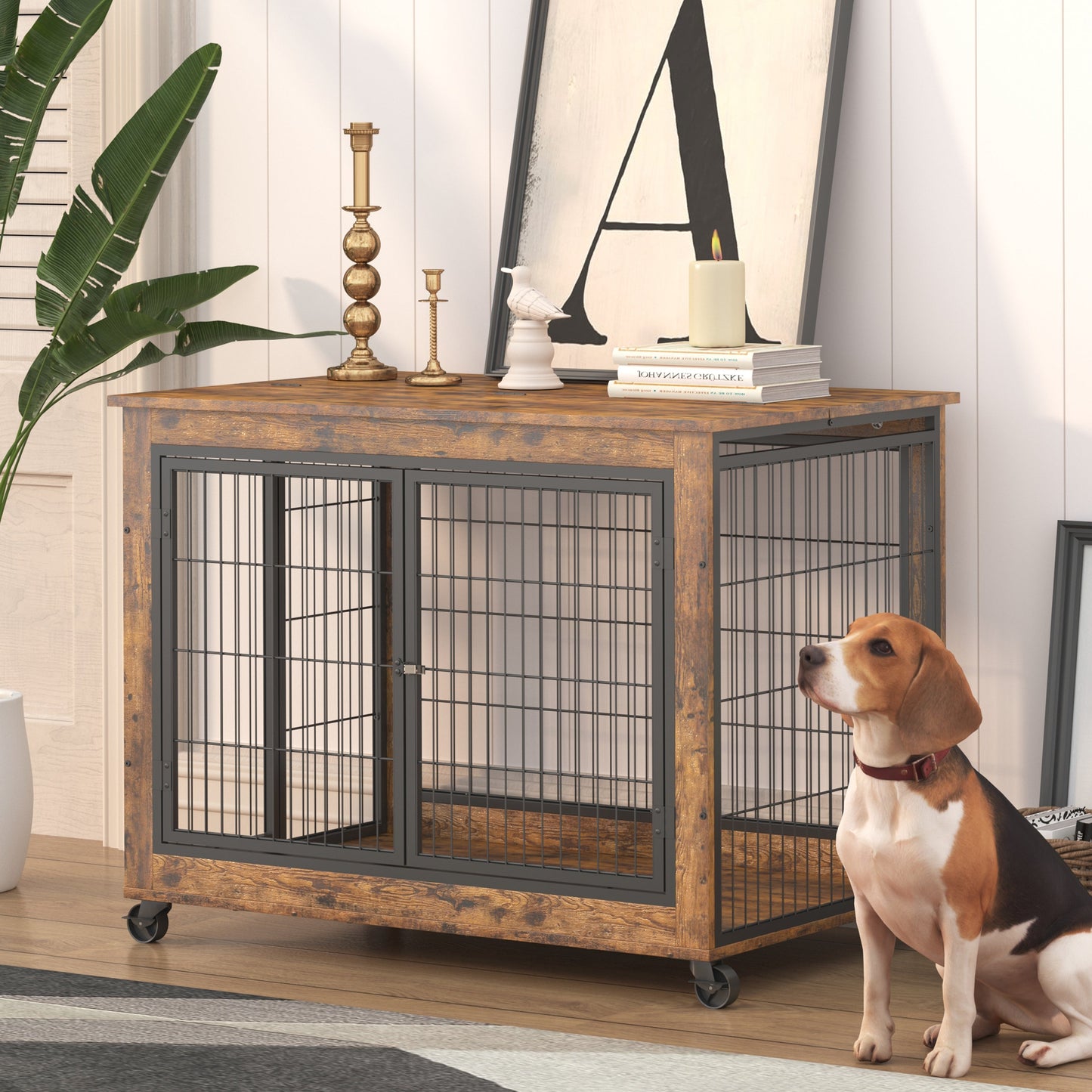 Jaula para Perros de Madera Marrón Rústica con Puertas Dobles