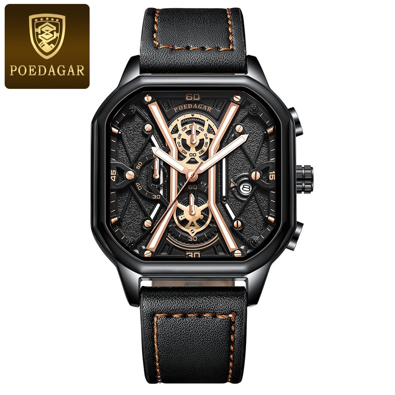 POEDAGAR Fashion Men Luxury Wristwatches Chronograph Luminous Waterproof Date Man Watch Square Dial Leather Quartz Men's Watches - Korvel