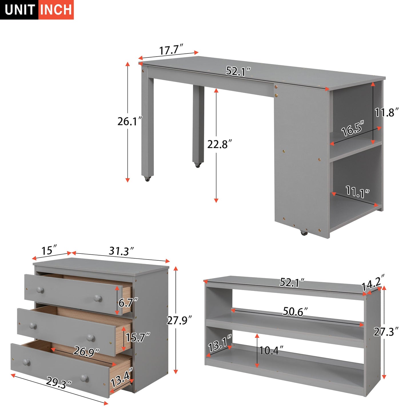 Low Study Full Loft Bed with Cabinet Shelves and Rolling Portable Desk Multiple Functions Bed- Gray - Korvel