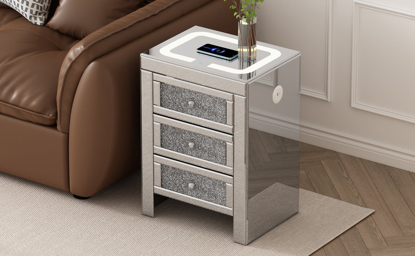 U-Can 15.7" Silver Rectangular Mirror Coffee Table with Charging Function