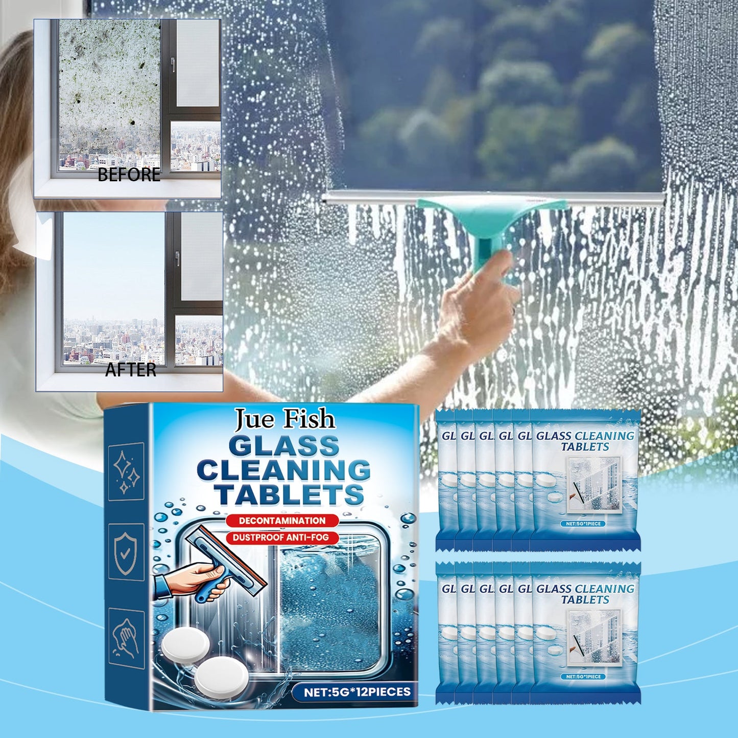 Glass Cleaning Effervescent Sheet, Door And Window Glass Scale Dust Stubborn Stains Clean Mirror Transparent - Korvel