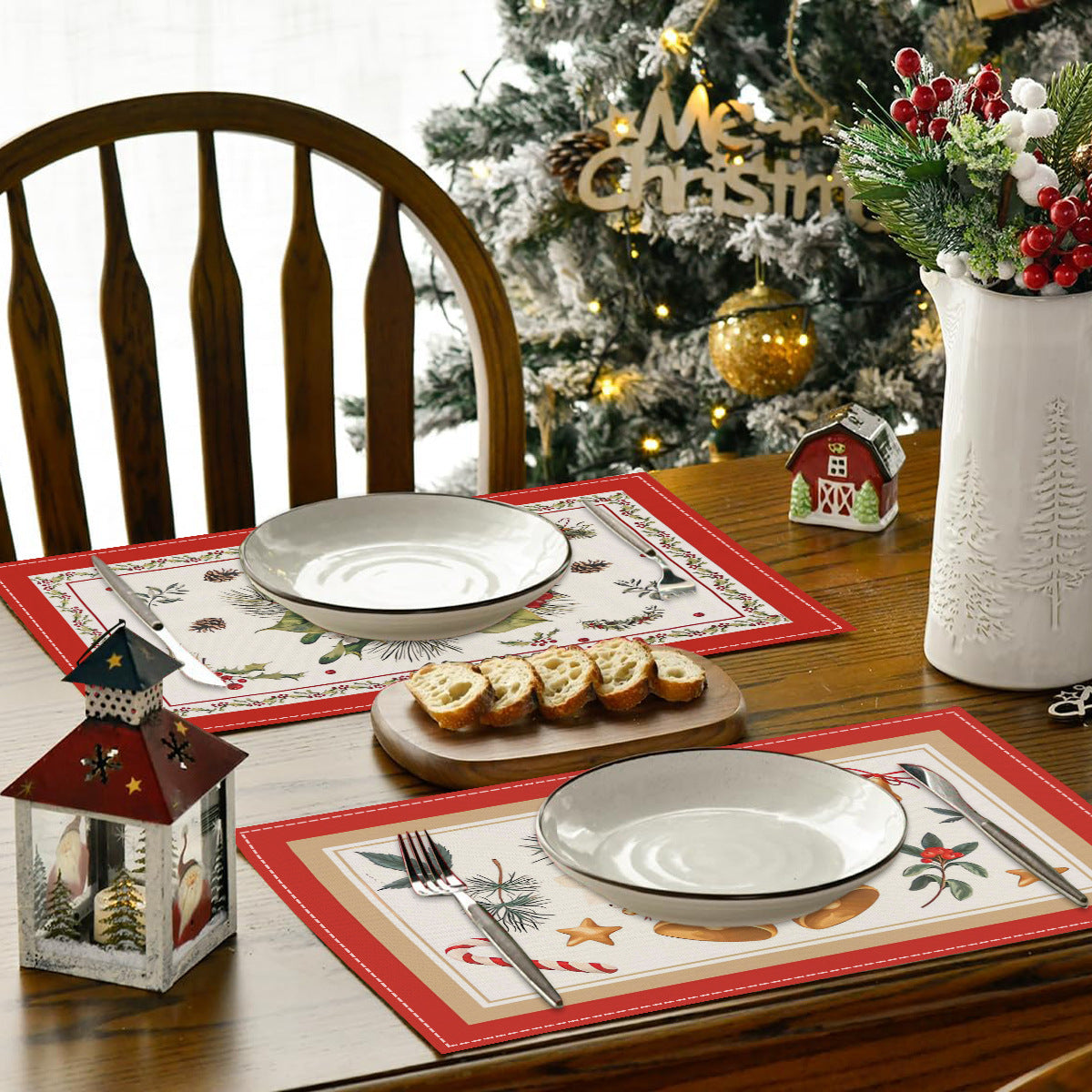 Christmas tree bell print placemat red striped plaid linen table mat Christmas party decoration insulation mat - Korvel