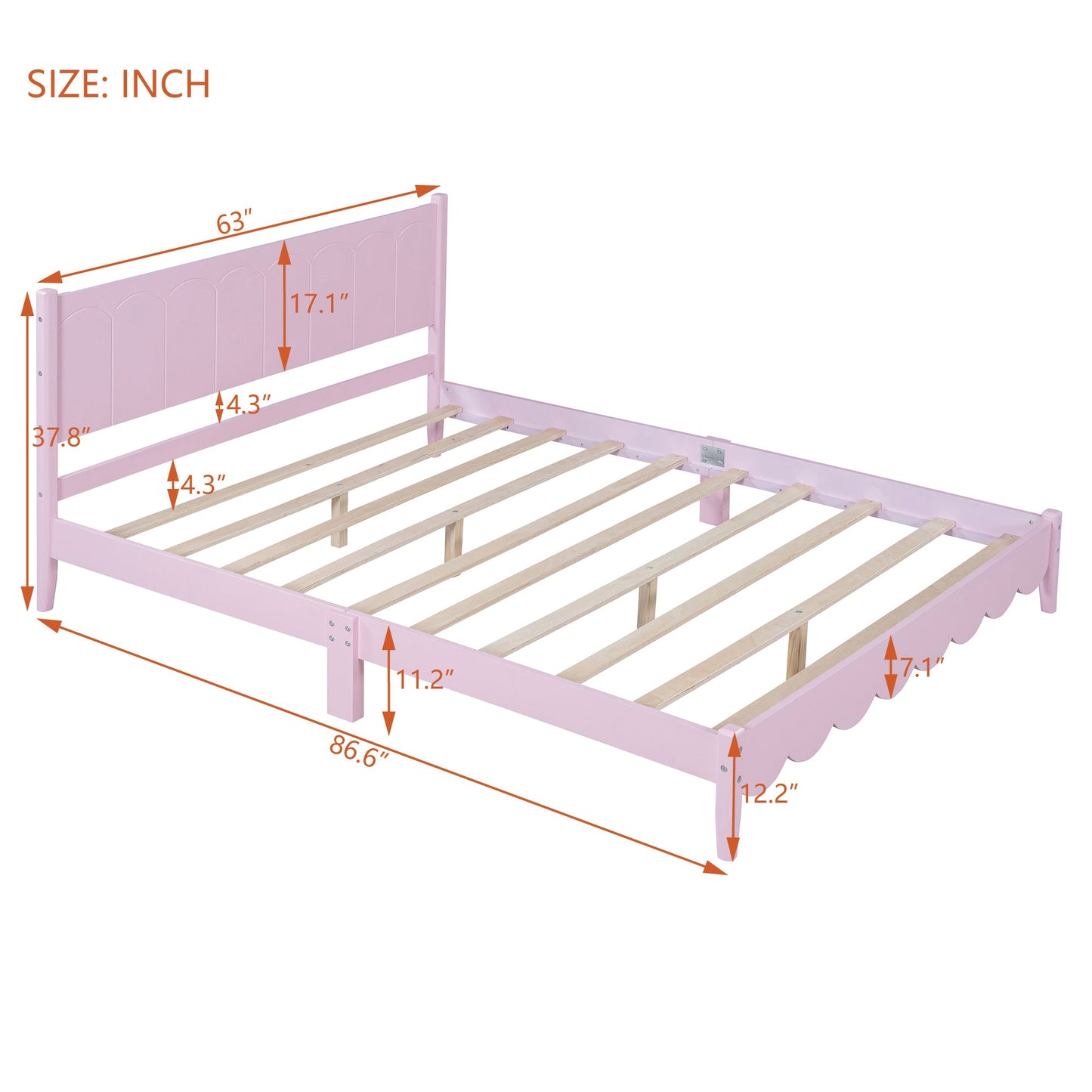 Queen Size Wood Platform Bed Frame, Retro Style Bed with Rectangular Headboard,No Need Box Spring,Pink - Korvel