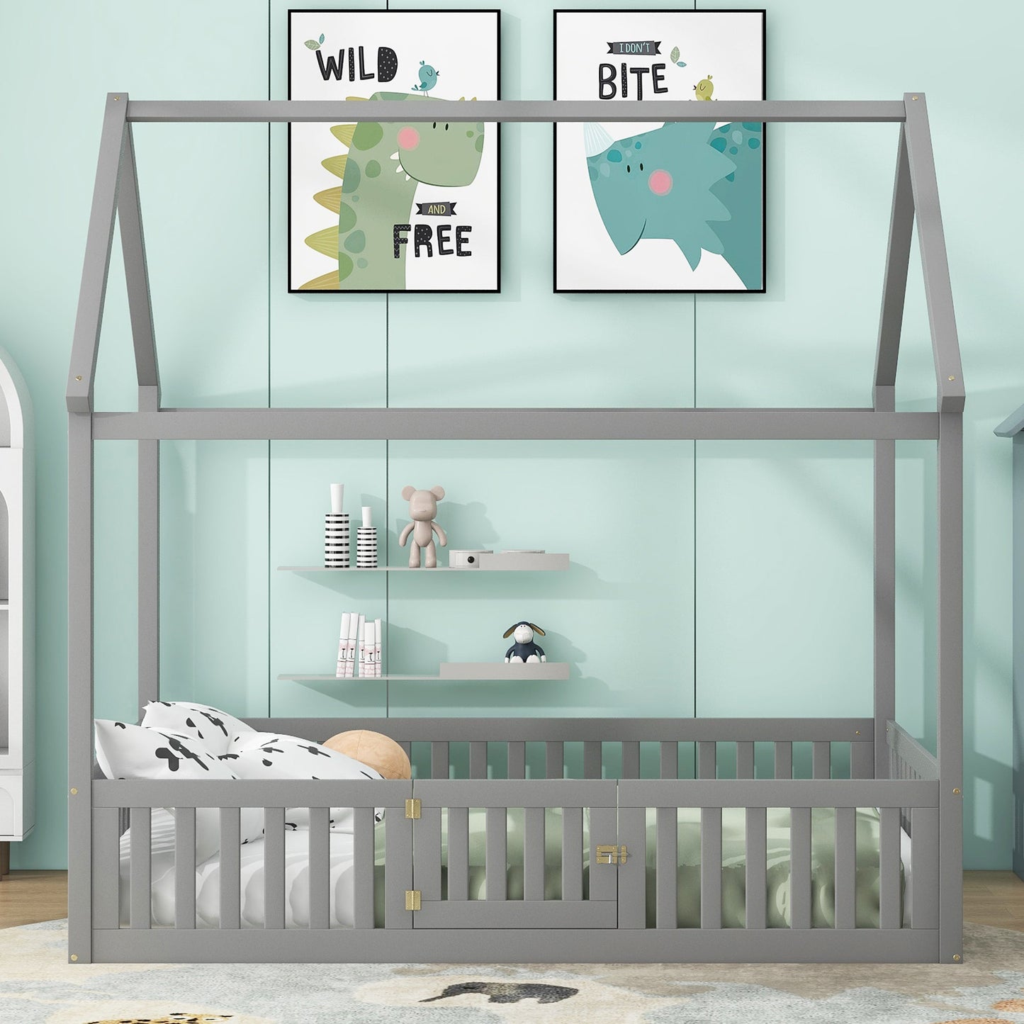 Full Size Wood House Bed with Fence and Door, Gray - Korvel