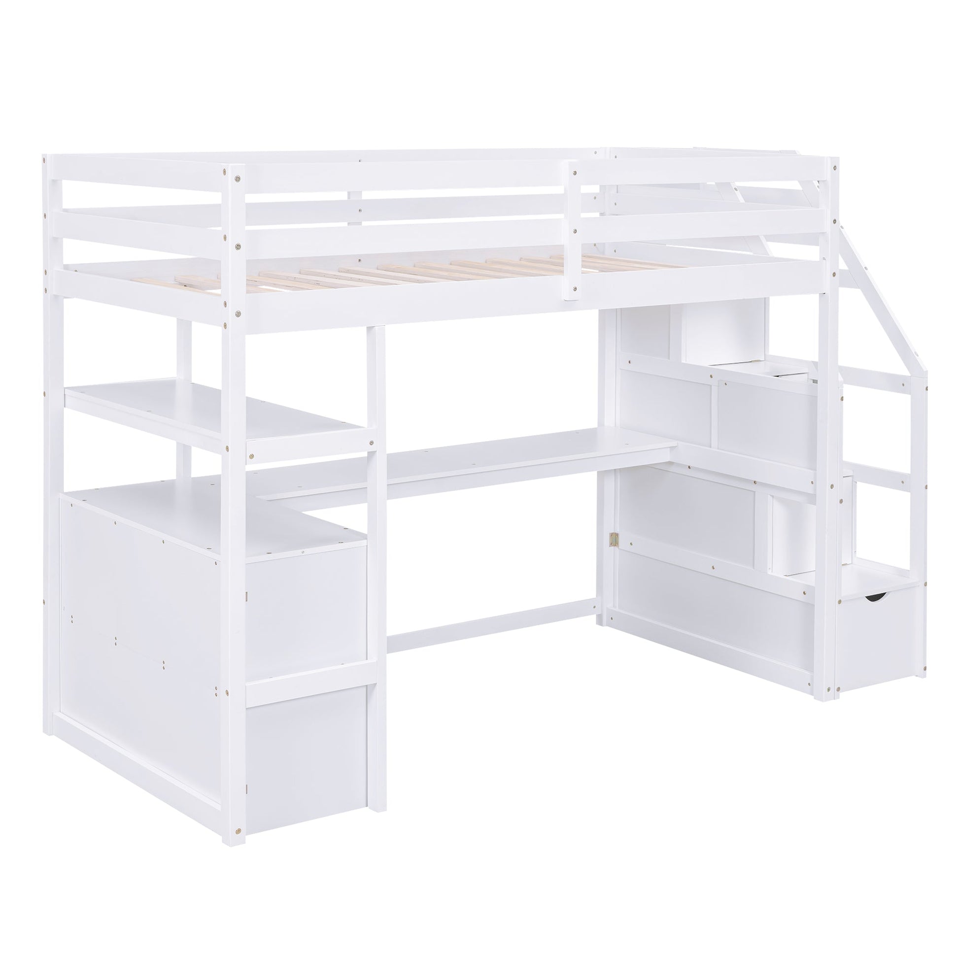 Twin Size Loft Bed with Desk and Shelves  Two Built-in Drawers  Storage Staircase White - Korvel