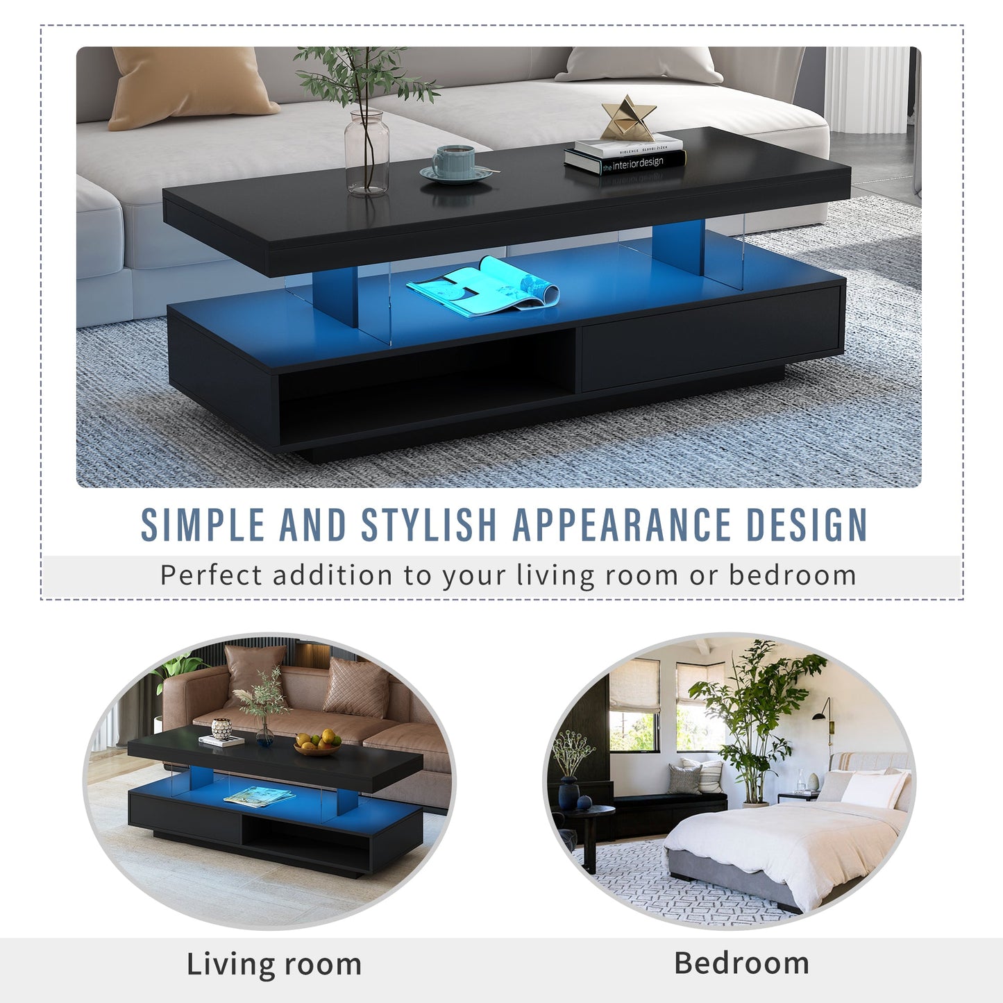 U-Can LED coffee table with storage space, modern central table with 2 drawers and display rack, equipped with LED lights, black - Korvel
