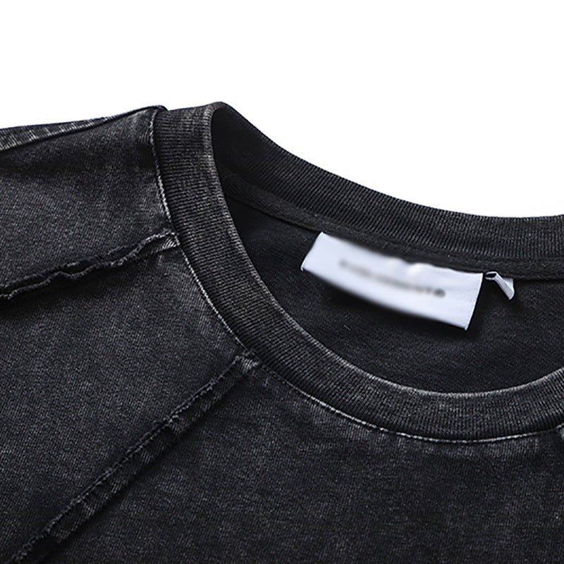 Spliced Raw Edge Short Sleeve T-Shirt Unique Design Hip Hop Men's Washed Vintage Casual Tee - Korvel