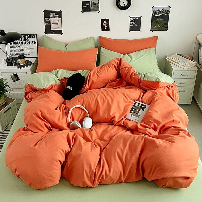 Washed Cotton Solid Color Double Spliced Four-Piece Bedding Set - Sheet, Quilt Cover, Pillowcases for Employee and Dormitory Use - Korvel