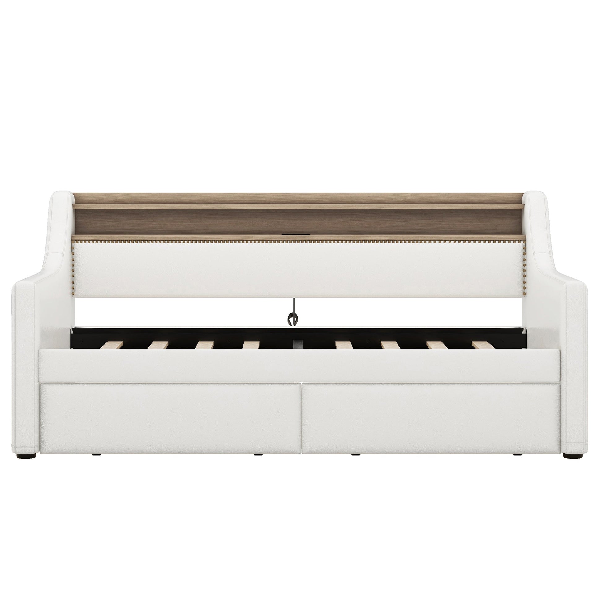 Twin Size Daybed with Drawers, Upholstered Daybed with Charging Station and LED Lights, White - Korvel