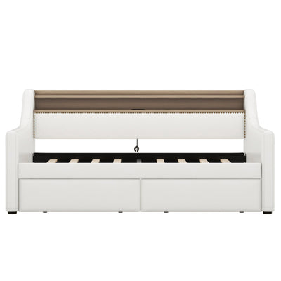 Twin Size Daybed with Drawers, Upholstered Daybed with Charging Station and LED Lights, White - Korvel