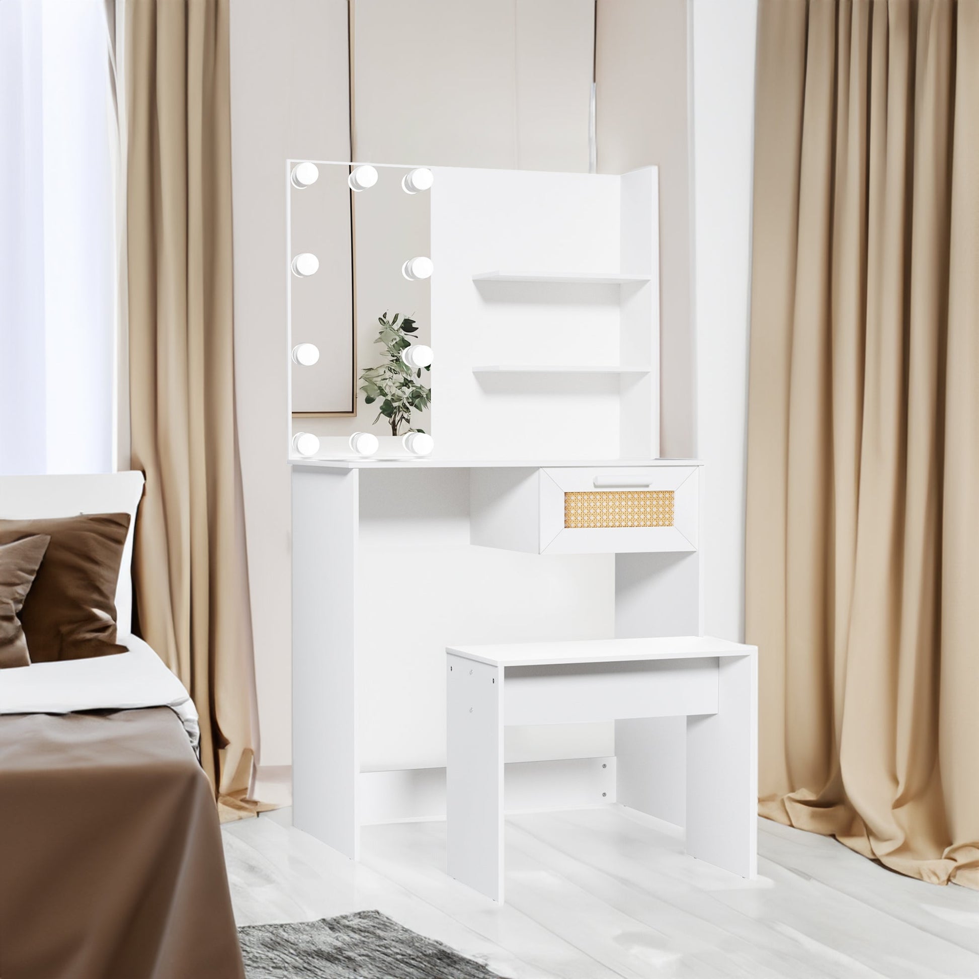 Vanity Desk Set Stool & Dressing Table with LED Lighting Mirror Drawer and Wood Cosmetic Table Chest of Drawers White Color - Korvel