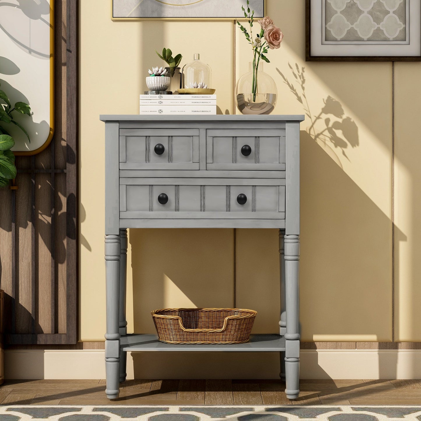 TREXM Narrow Console Desk, Thin Sofa Table with Three Storage Drawers and Living Room Bottom Shelves (Grey Washed) - Korvel