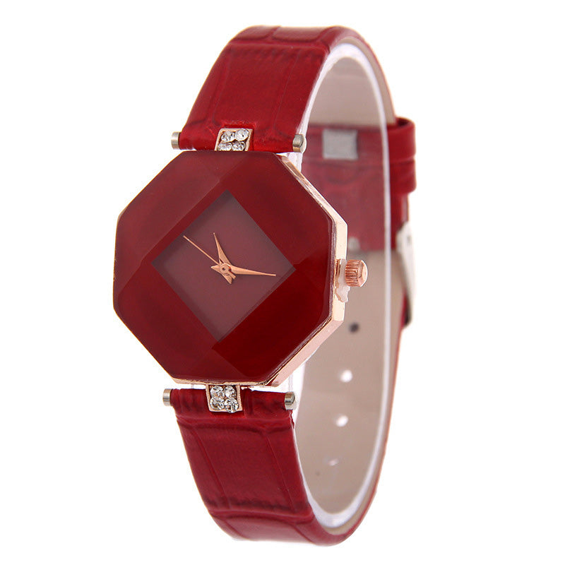 Elegant Women's Gem Cut Quartz Leather Watch - 5 Colors
