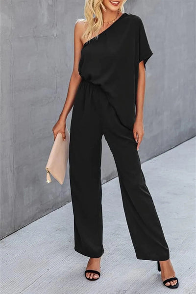 Single Shoulder Short Sleeve Jumpsuit - Korvel