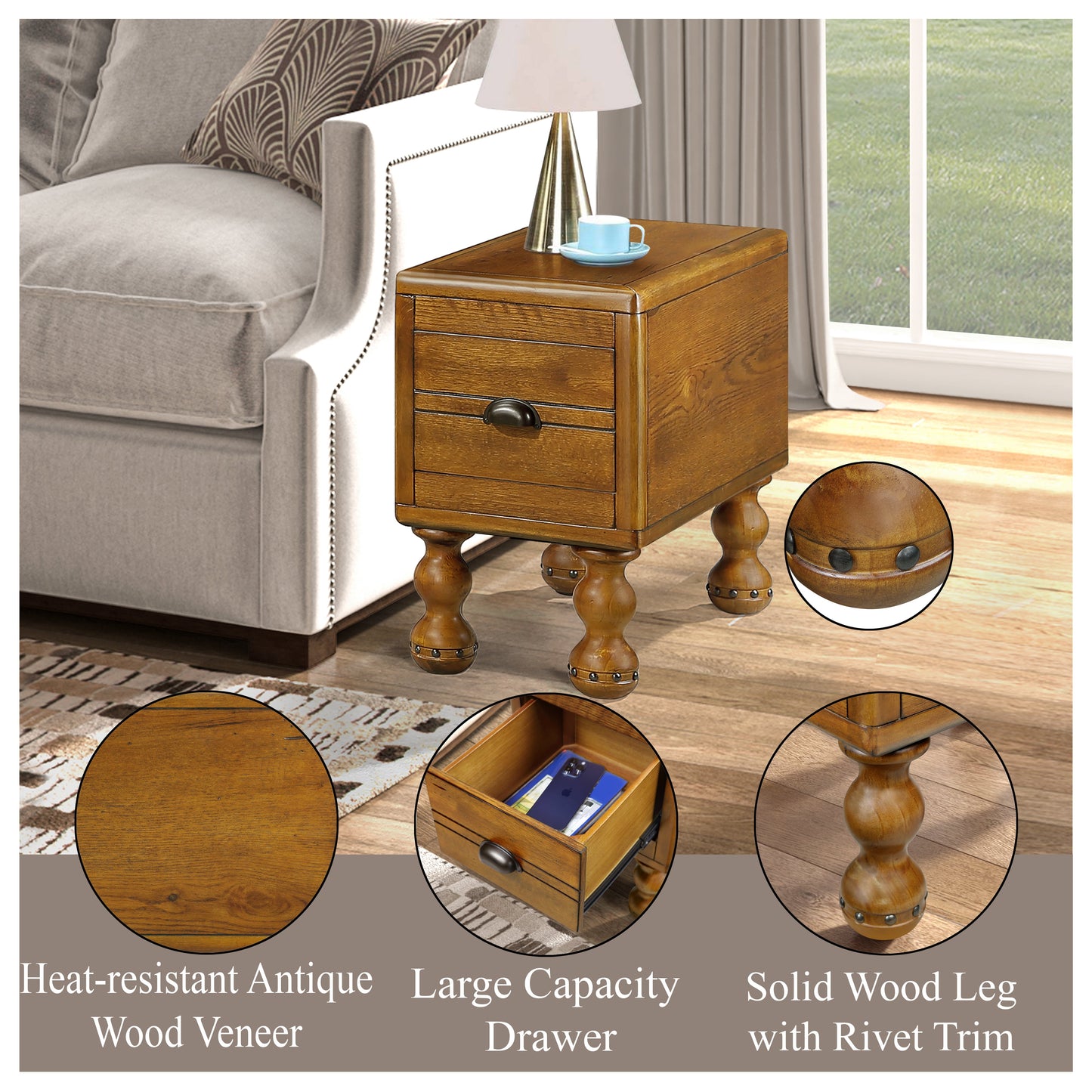 Solid wood end table, rectangular 23.6 inch narrow edge table with drawers, vintage bedside table， Antique Brown - Korvel