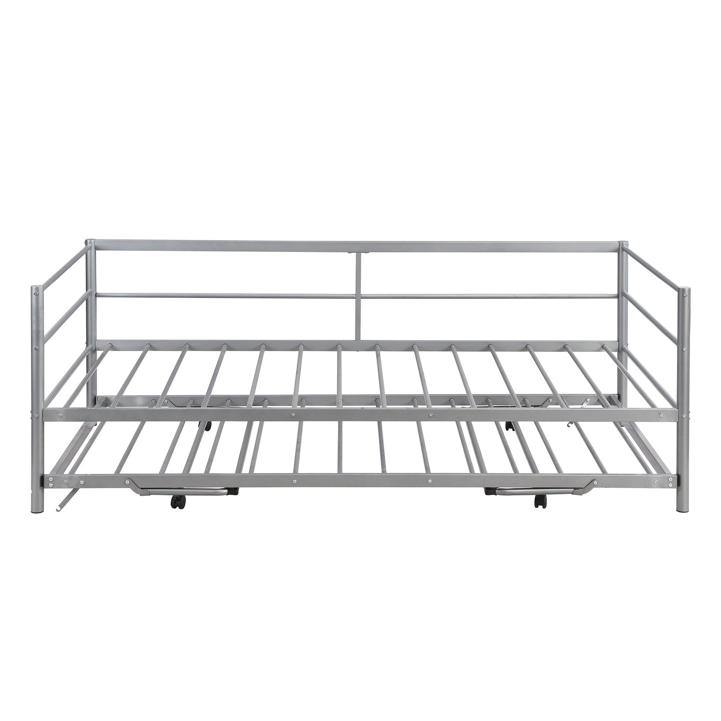 Twin Size Metal Daybed with Adjustable Trundle  Pop Up Trundle  Silver - Korvel