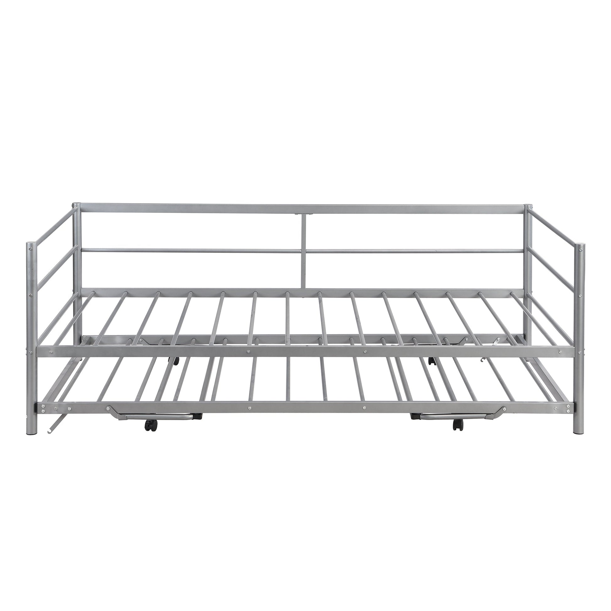 Twin Size Metal Daybed with Adjustable Trundle  Pop Up Trundle  Silver - Korvel