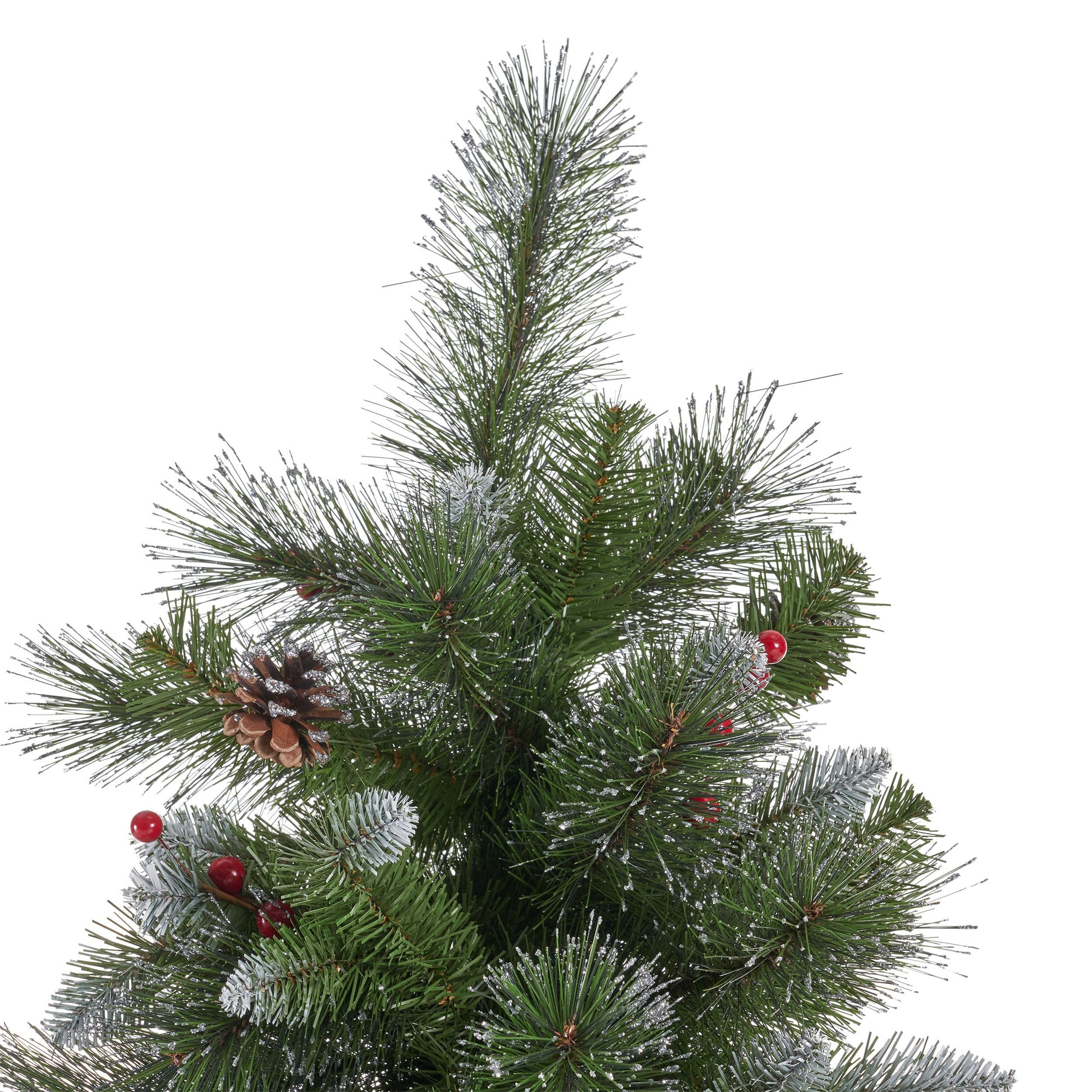 9' Glitter Bristle Mixed Hinged Tree with 72 Red Berry and 73 Pine Cones and 2099 tips,Dia:66 - Korvel