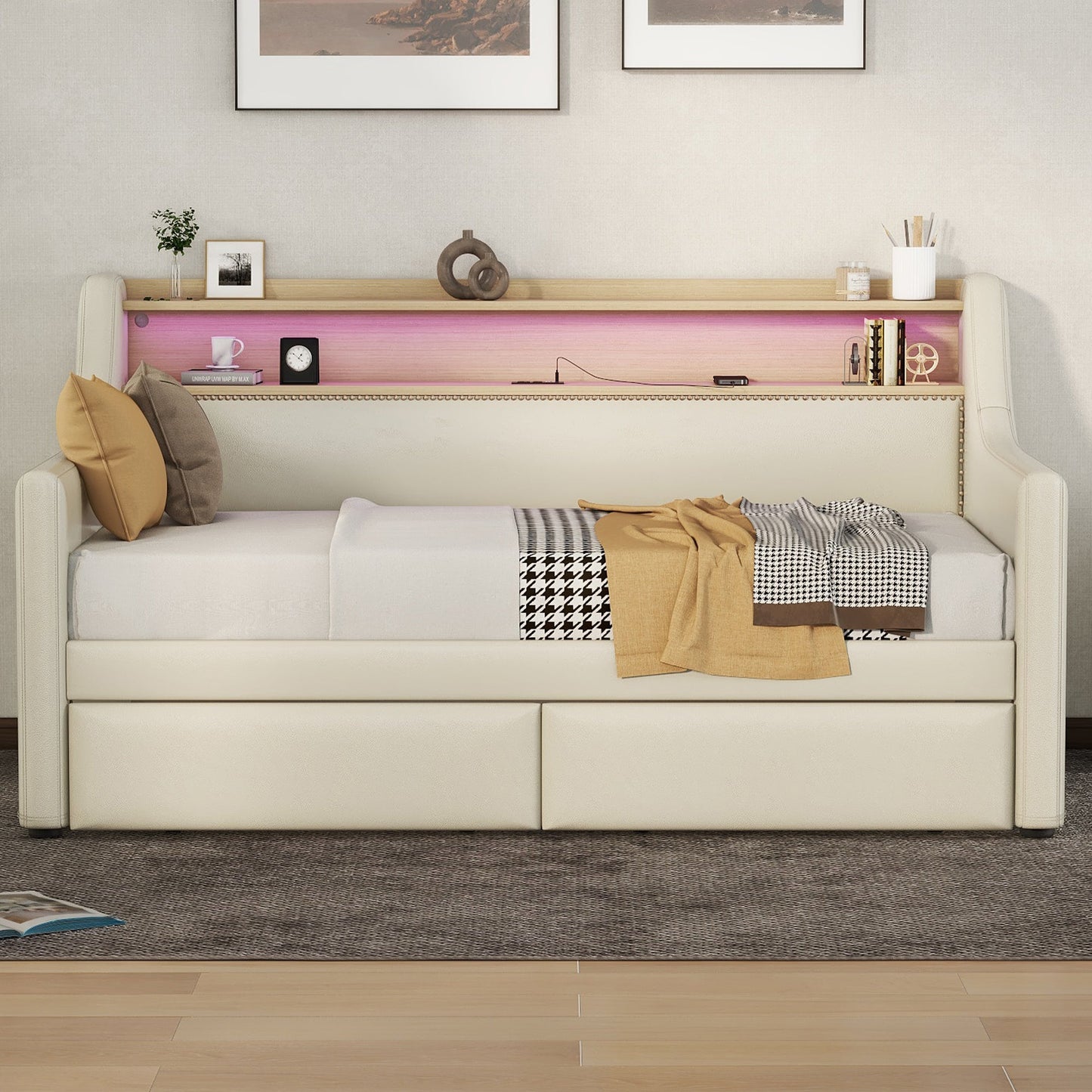 Twin Size Daybed with Storage Drawers, Upholstered Daybed with Charging Station and LED Lights, Beige - Korvel