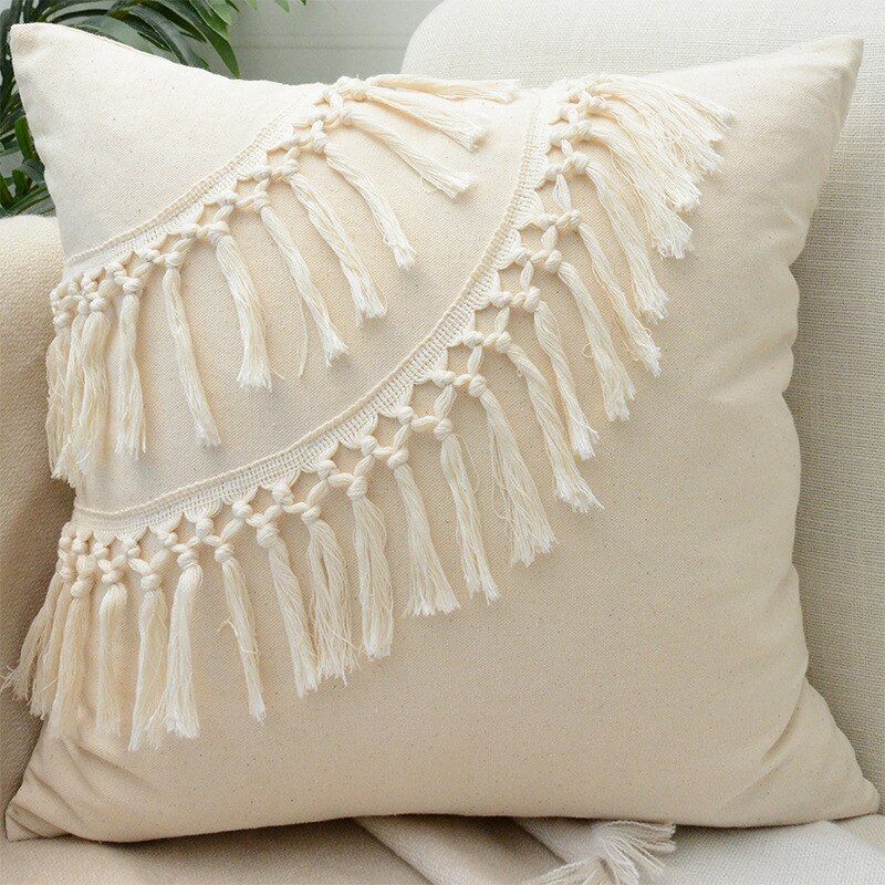 Tassels Cushion Cover 45x45cm Beige White Pillow Covers Decorative Pillow Case Square Home Boho Decor Macrame Pillowcase - Korvel