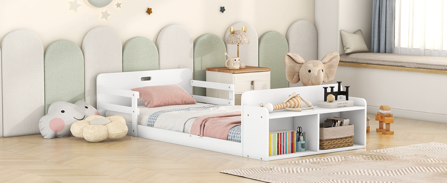 Twin Size Floor Bed with Storage Footboard and Guardrail, White - Korvel