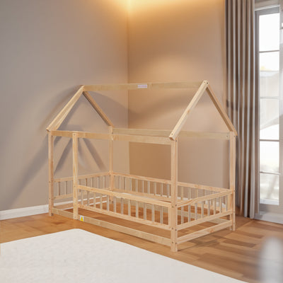 Twin Size Wooden Bed with House Roof Frame and Guardrails