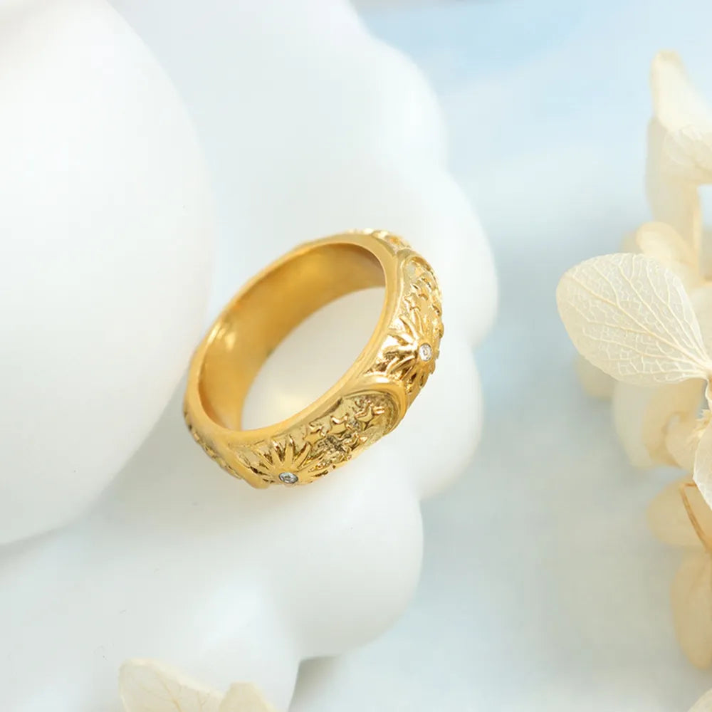 Star Moon Shaped Sparkling Zircon Design Ring Titanium Steel Handmade Jewelry for Girls - Korvel