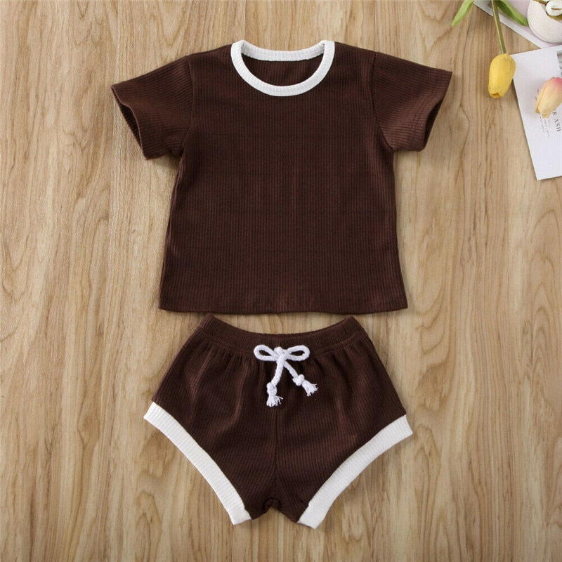2020 Toddler Baby Boys Girls Summer Clothing Newborn Kids Baby Girls Ribbed Knitted Short Sleeve T-shirts+Shorts Tracksuits Sets - Korvel