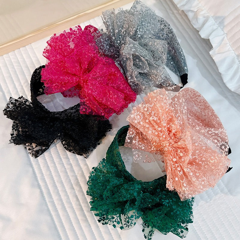 Fashionable oversized solid color lace bow headband - Korvel