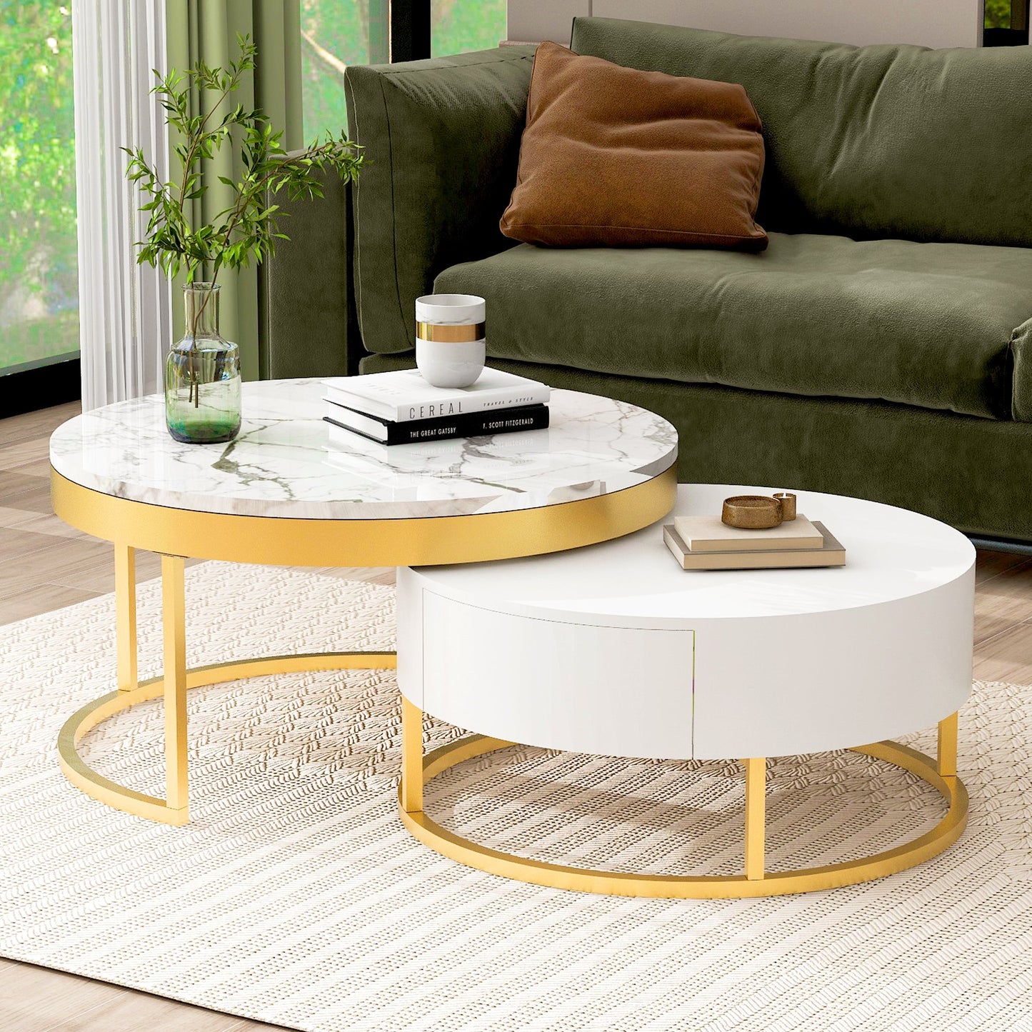 Mesa de café moderna redonda apilable con cajones en blanco