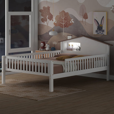 Full Size Wood Platform Bed with House-shaped Headboard, LED and Built-in Storage, White - Korvel
