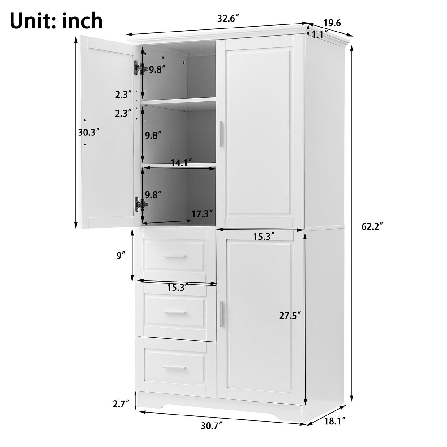 Tall and Wide Storage Cabinet with Doors for Bathroom/Office, Three Drawers, White - Korvel