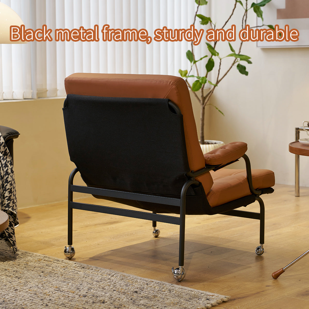 Living room chair with adhesive leather armrests, high backrest, metal legs, and soft padding (1 piece in brown) - Korvel