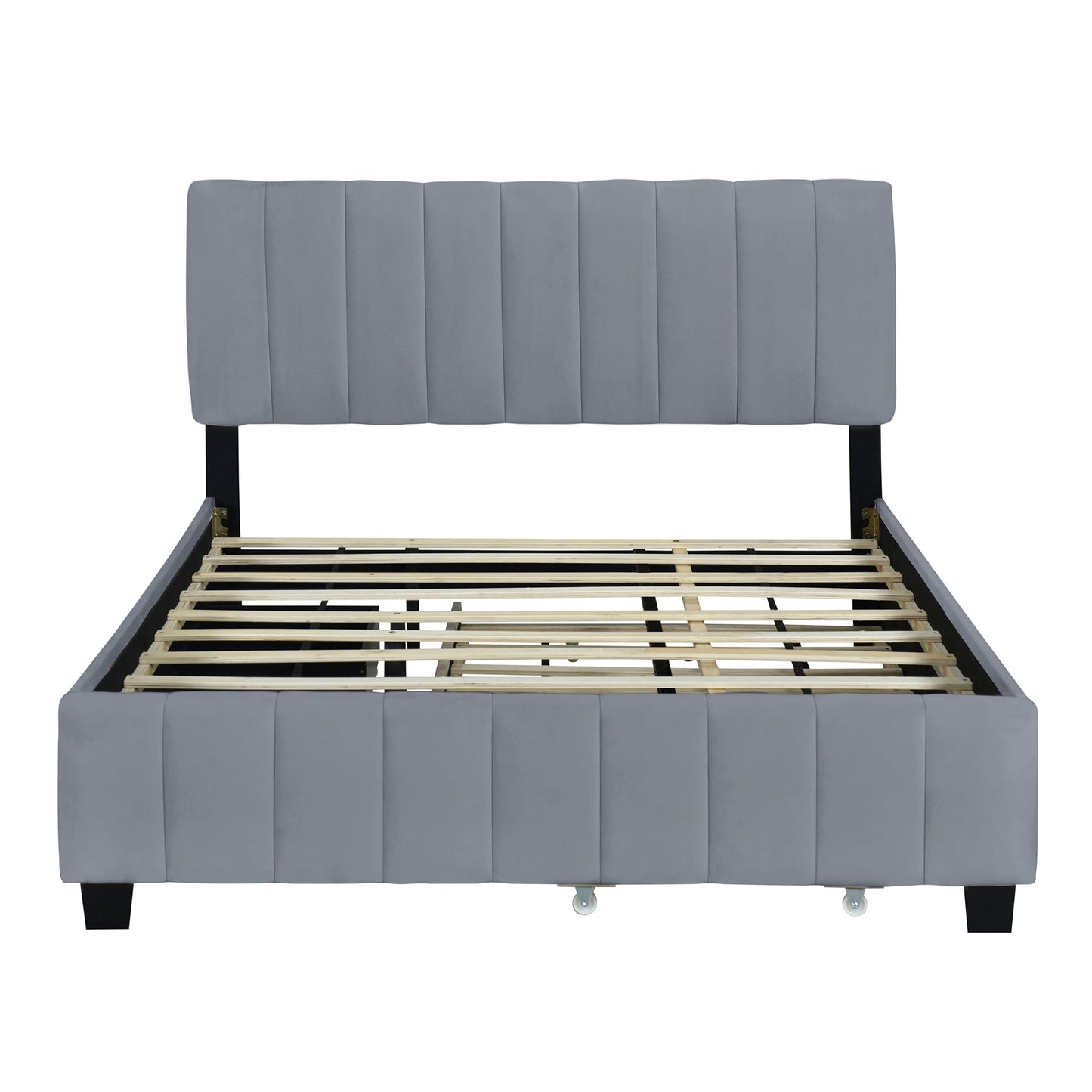 Queen Size Velvet Upholstered Platform Bed with 2 Drawers and 1 Twin XL Trundle- Gray - Korvel
