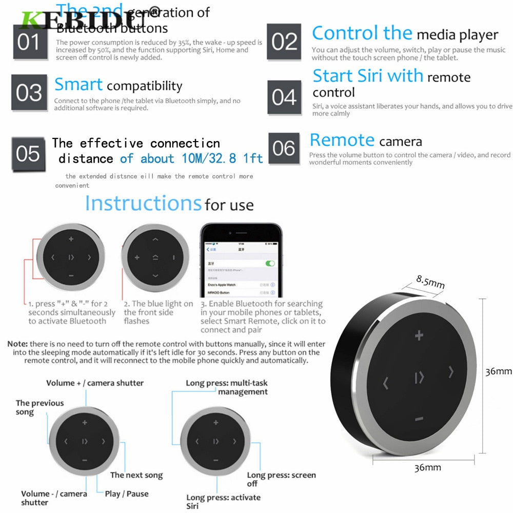 Kebidu Wireless Bluetooth Media Steering Wheel Remote Control