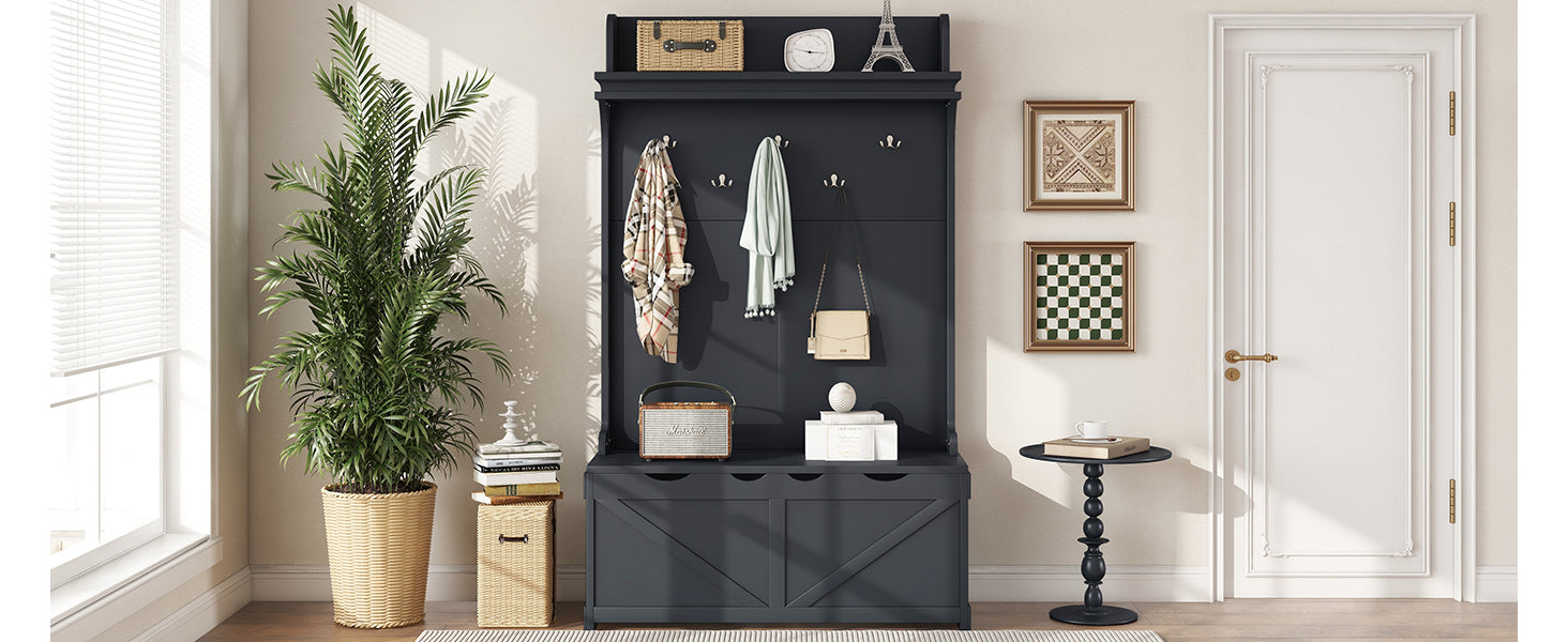 Hall tree with storage desk, entrance desk with drawers and 5 hooks, display rack, dark blue - Korvel