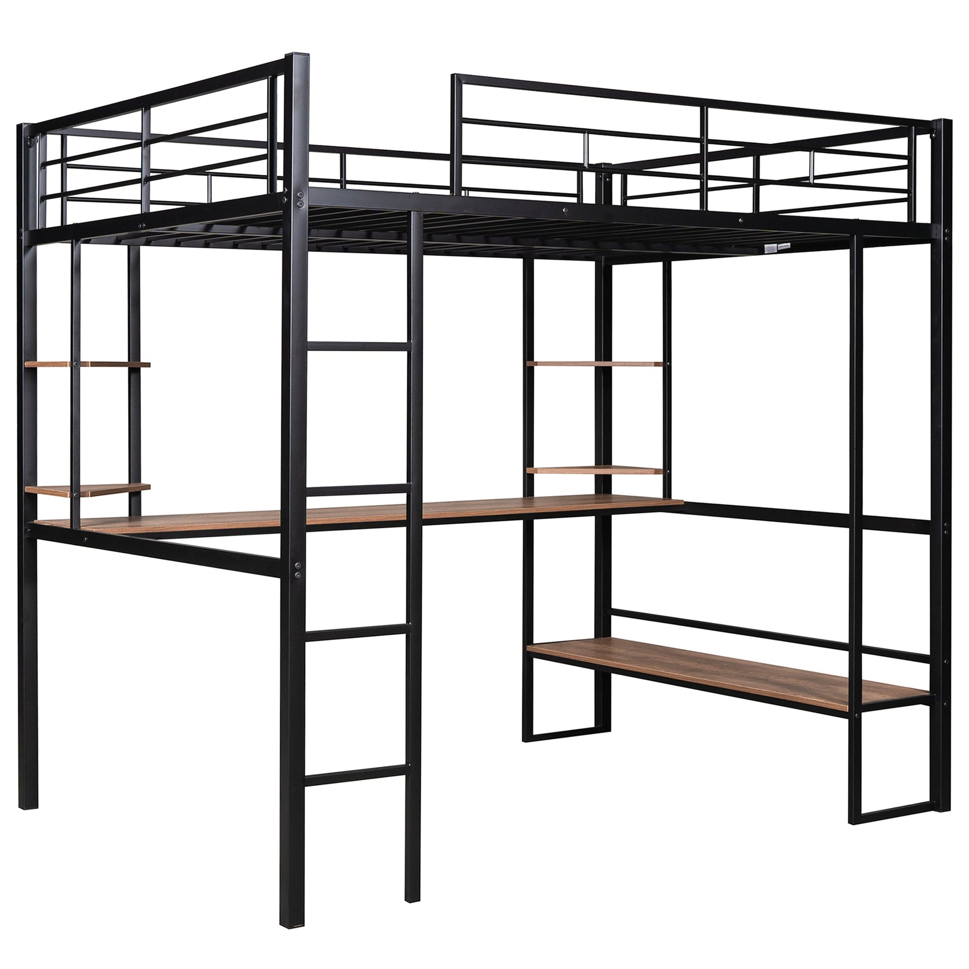 Full Size Loft Metal&MDF Bed with Long Desk and Shelves Black - Korvel