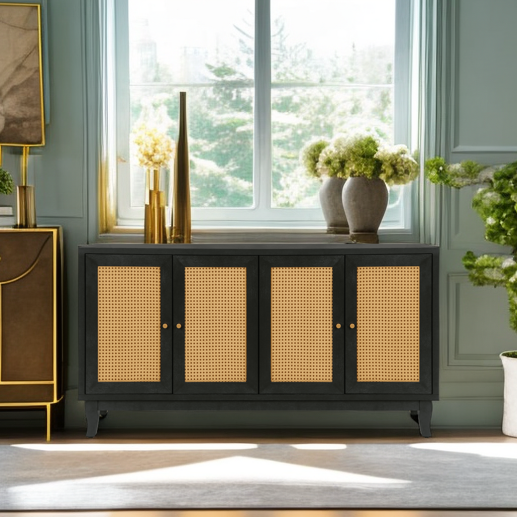 Handcrafted Premium Grain Panels Rattan Sideboard Buffer Cabinet Accent Storage Cabinet With 4 Rattan Doors BLACK - Korvel