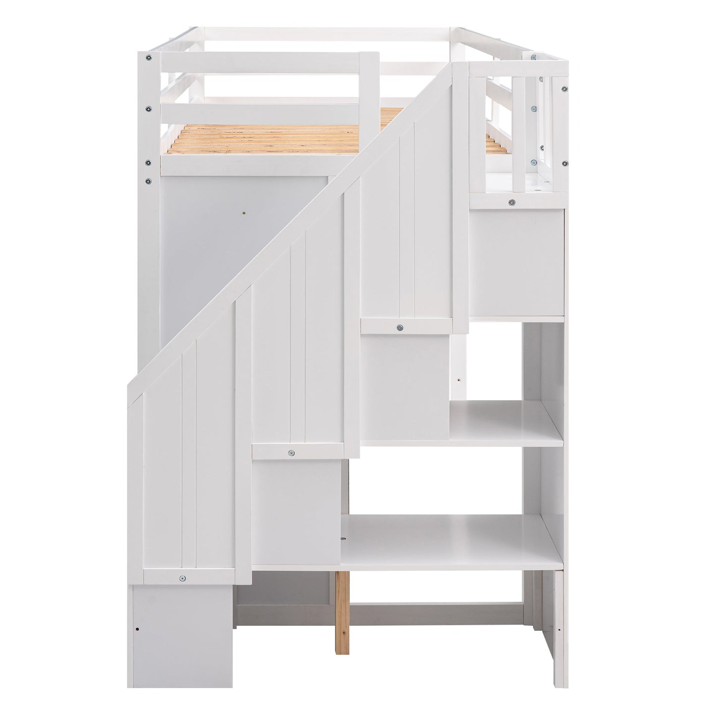 Functional Loft Bed with Storage and Shelves in White