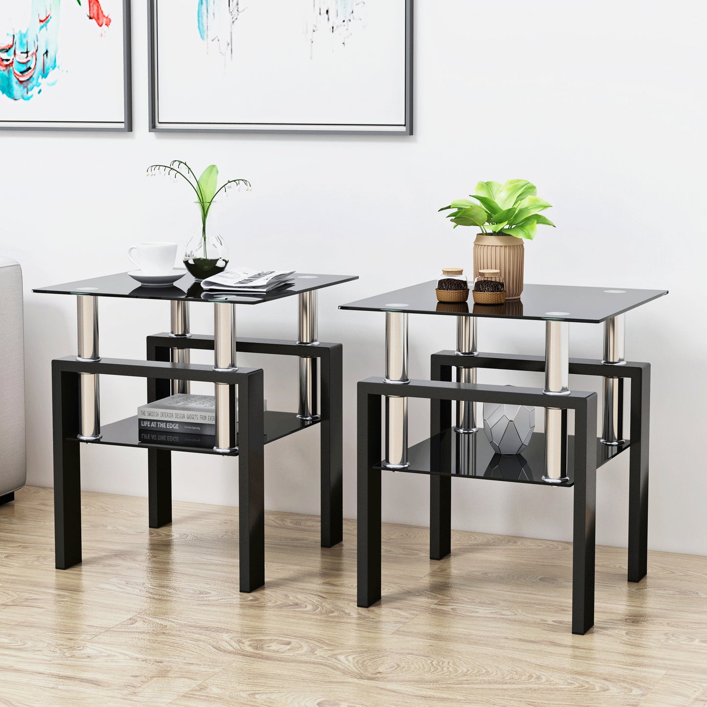Set of 2, Modern Tempered Glass Tea Table Coffee Table End Table, Square Table for Living Room, Black - Korvel