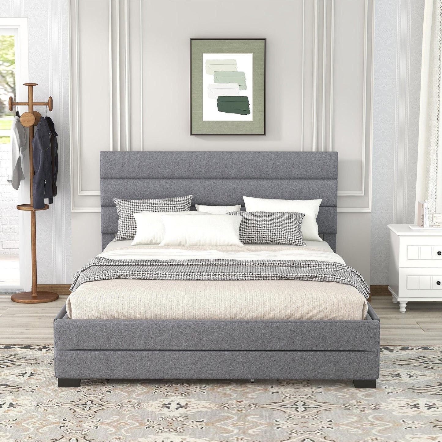 Queen Upholstered Platform Bed with Twin Size Trundle and Two Drawers Grey - Korvel