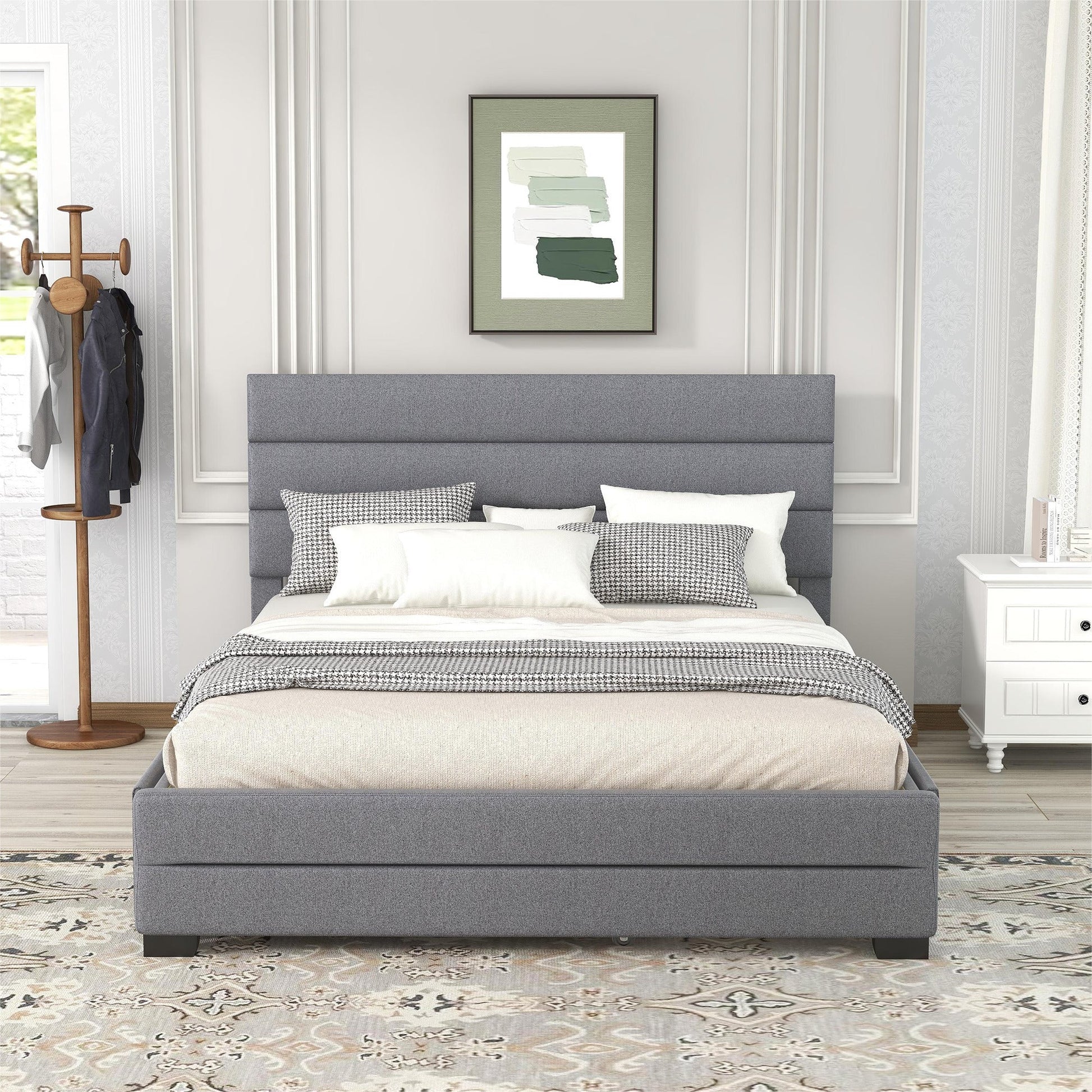 Queen Upholstered Platform Bed with Twin Size Trundle and Two Drawers Grey - Korvel