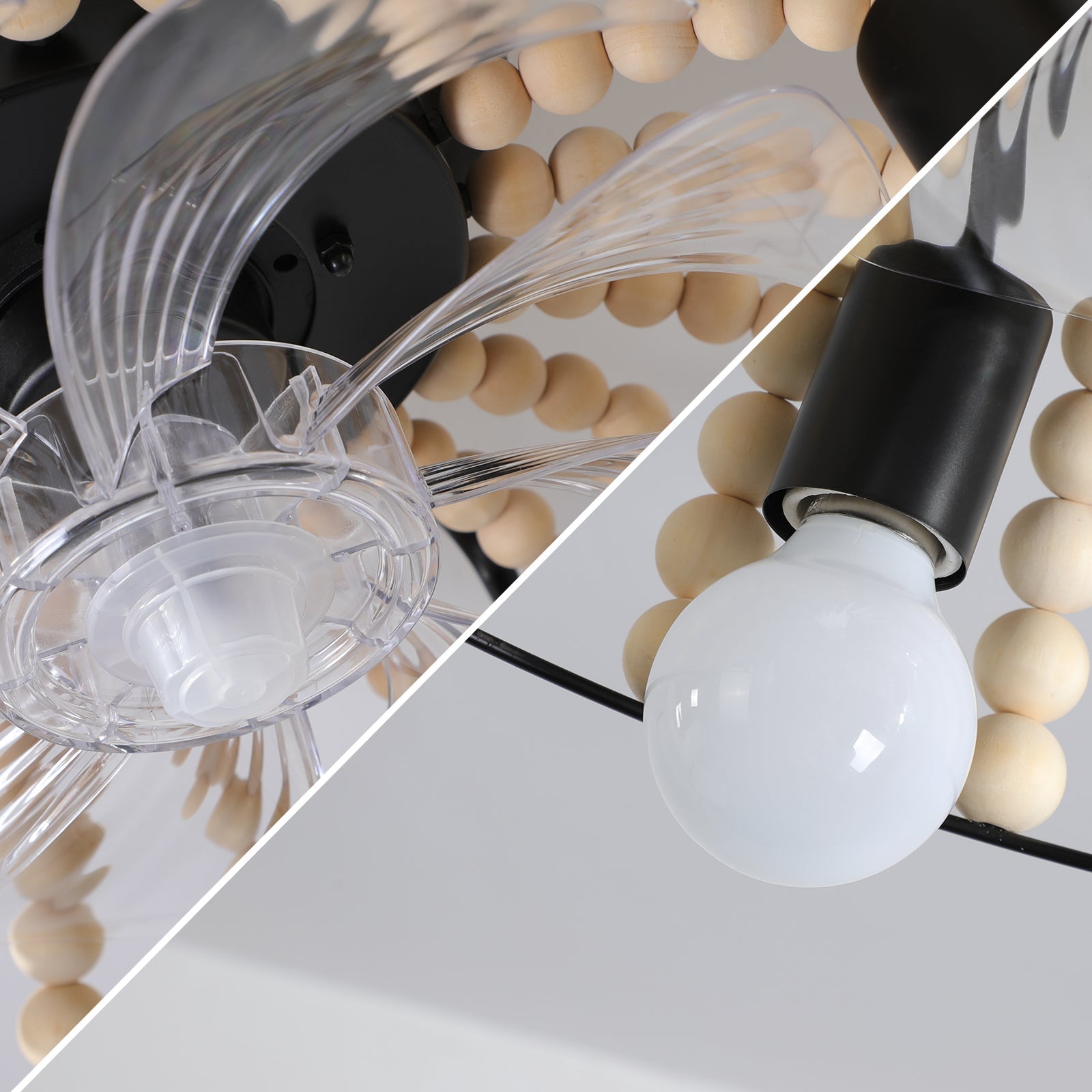Beaded Fan lamp Wood Beaded Chandelier Oak White - Korvel