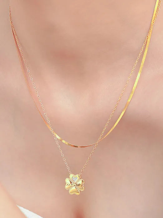 2 Piece 18K Gold-Plated Inlaid Zircon Lucky Clover Necklace - Korvel