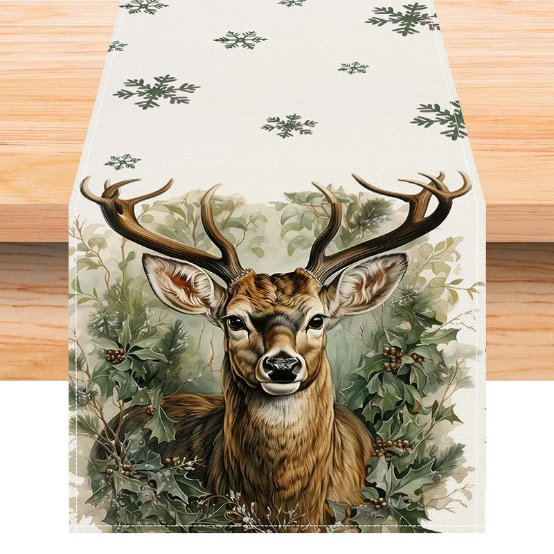 Reindeer Printed Linen Table Runner for Holiday Decor