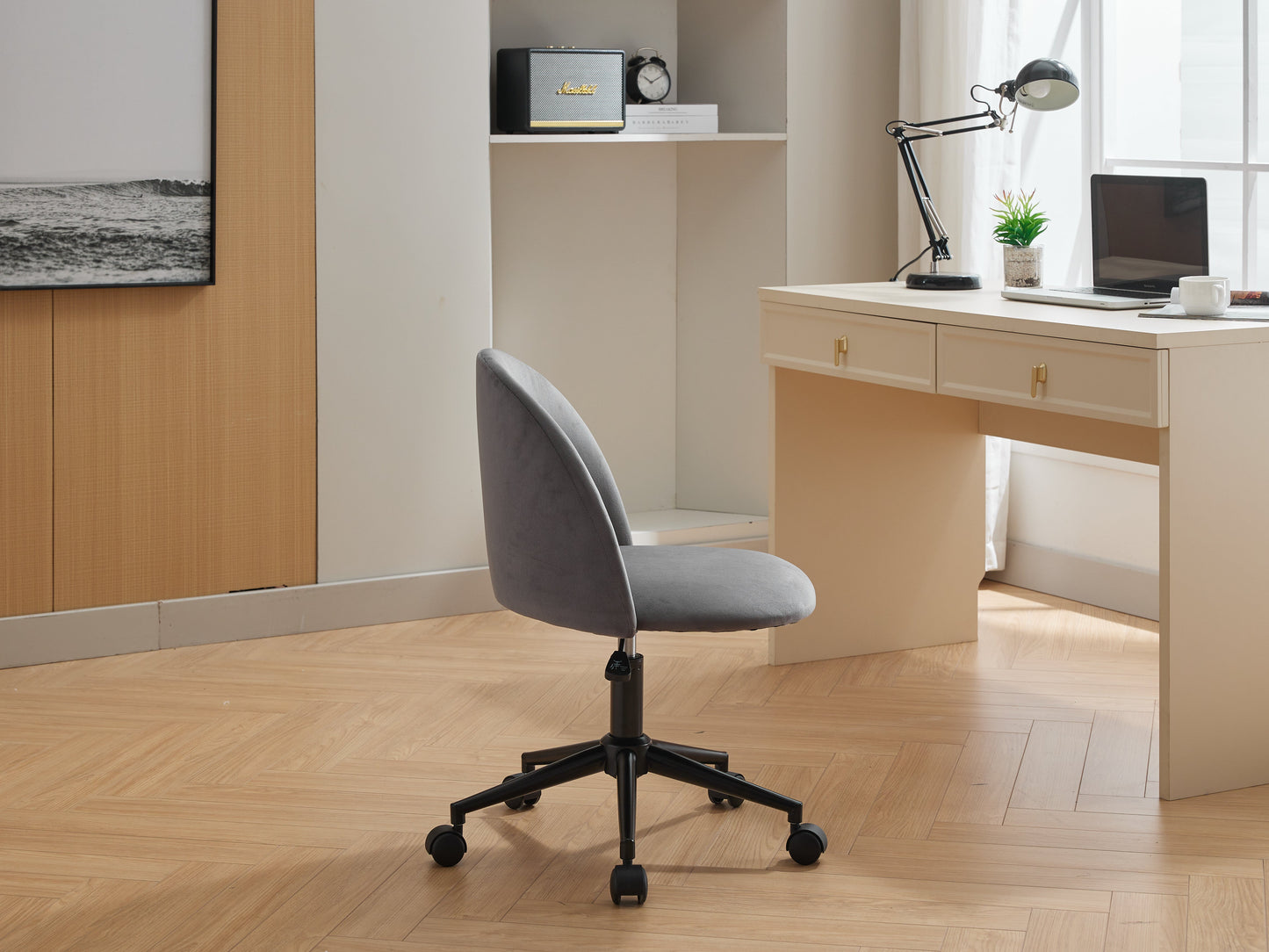 Velvet fabric office chair, mid back adjustable rotating computer chair, black legs, cushioned office chair with wheels - Korvel