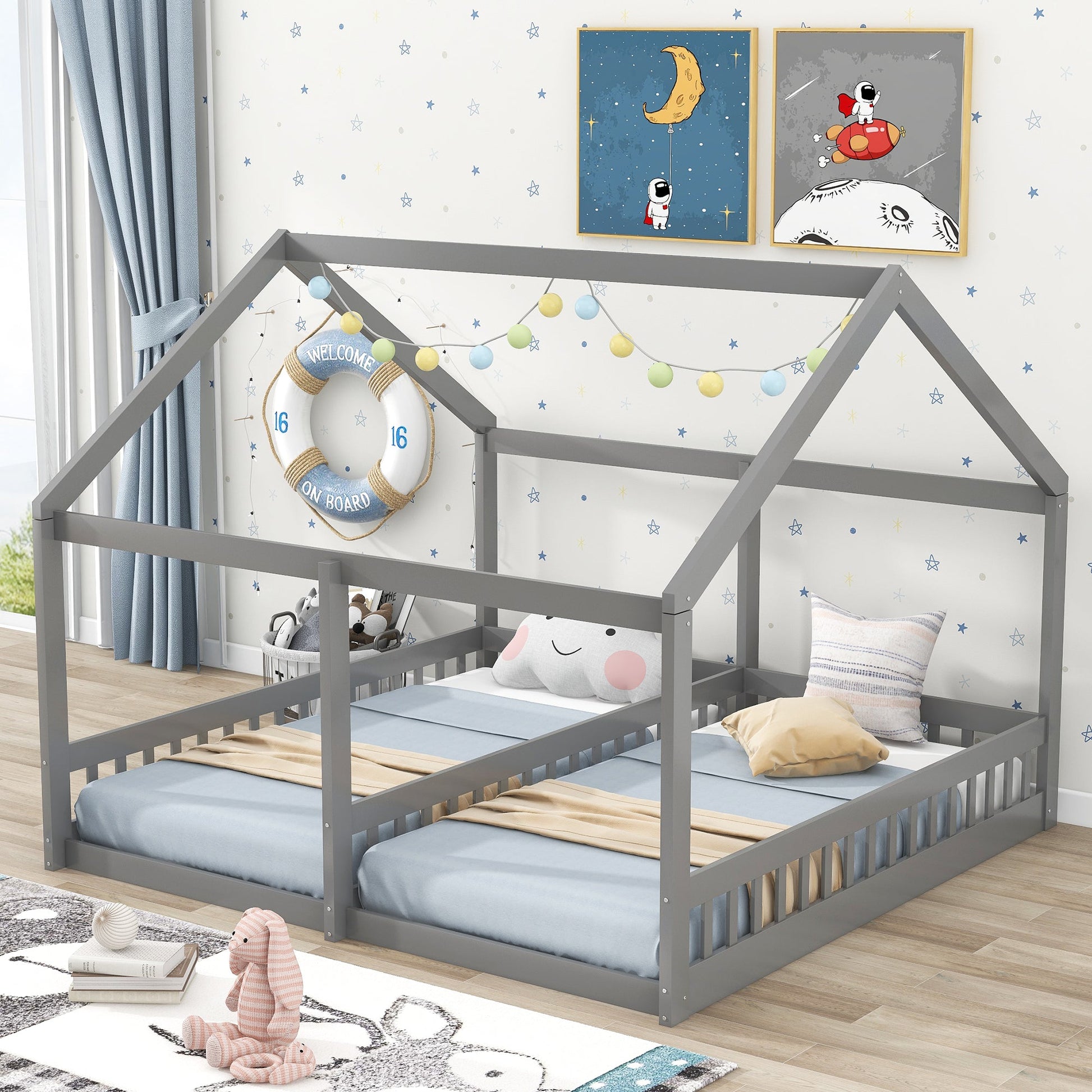 Twin Size House Platform Beds Two Shared Beds Gray - Korvel
