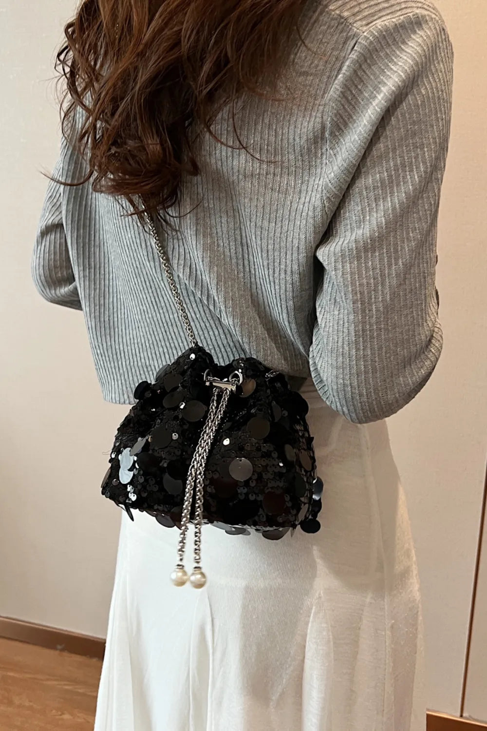 Drawstring Sequin Crossbody Bag - Korvel