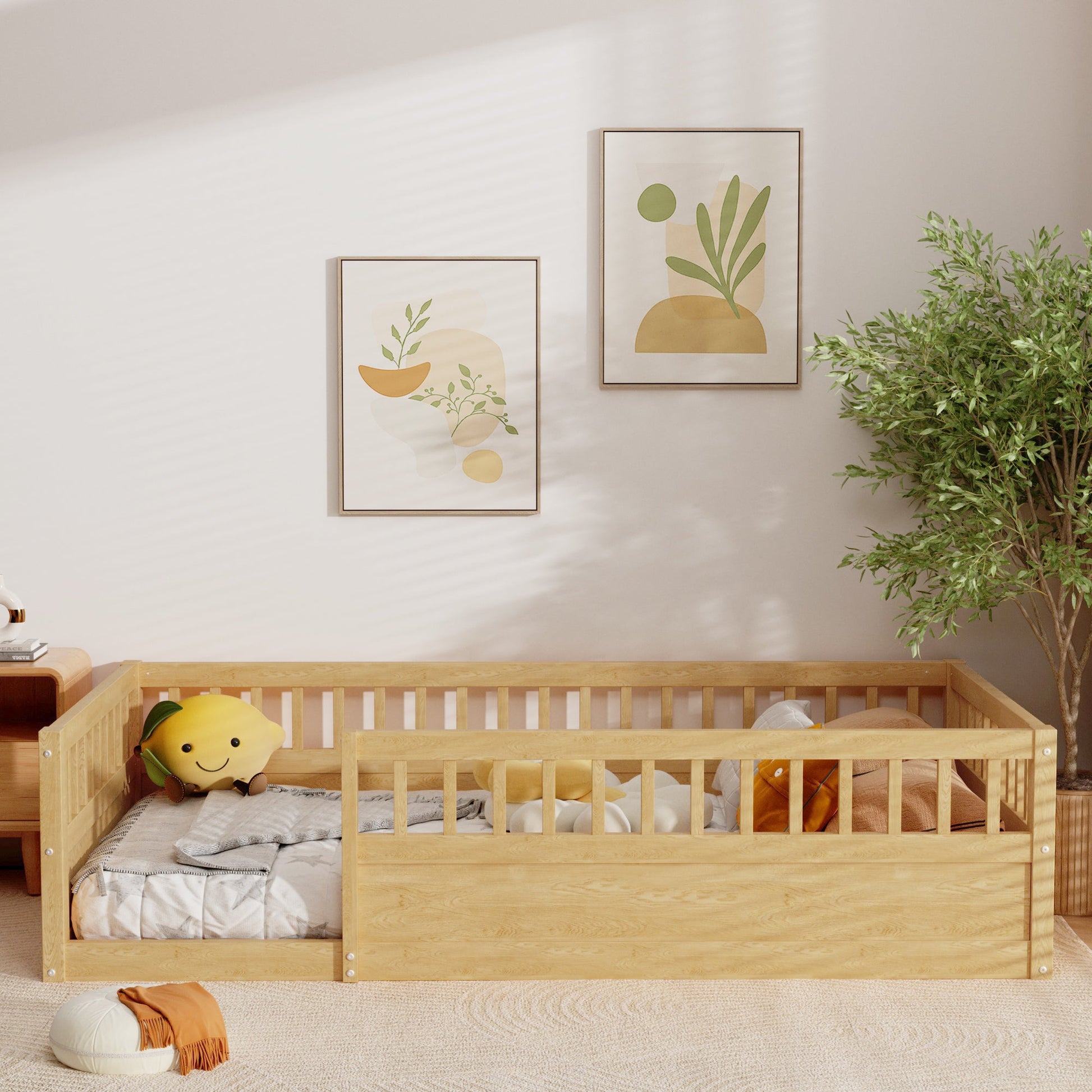 Twin Floor Bed Frame with Fence, Wood Kids Floor Beds Frame for Bedroom Playroom,Natural - Korvel